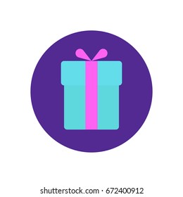 Gift box flat icon. Round colorful button, Present circular vector sign, logo illustration. Flat style design