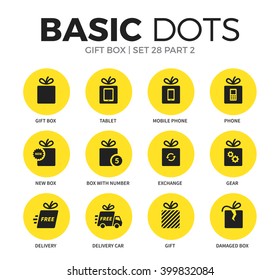 Gift box flat icons set with new box, phone and delivery isolated vector illustration on white