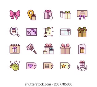 Gift box flat line icons set. Present, package, price tag, gift card. Simple flat vector illustration for store, web site or mobile app.
