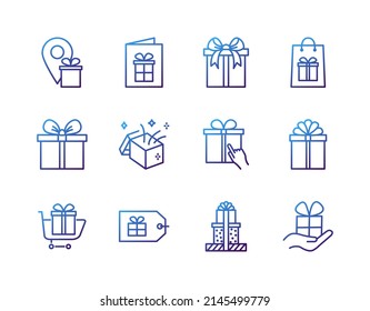 Gift box flat line icons set. Present, package, price tag, gift card. Simple flat vector illustration for store, web site or mobile app.