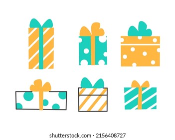 Gift box flat line icons set on white background. Color present with ribbon and bow. Celebration festive holiday birthday party element design. Modern minimal package sign Surprise vector illustration