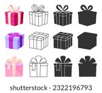 Gift box flat line silhouette stamp glyph set. Editable stroke universal kit icon site sticker label festive surprise mystery wrapping birthday decorating stencil decor scrapbooking design isolated