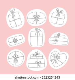 Gift box flat line silhouette. Cute gift box stickers set in flat style on pink backround. Vector illustration.