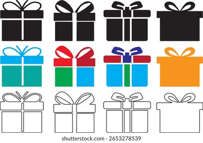 Gift box flat line silhouette set. Gift boxes with ribbon icons Set. vector illustration. Eps 10