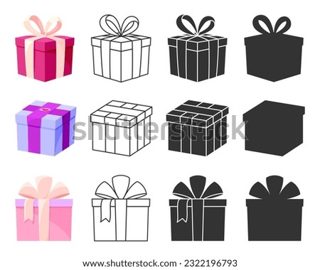 Gift box flat line silhouette stamp glyph set. Editable stroke universal kit icon site sticker label festive surprise mystery wrapping birthday decorating stencil decor scrapbooking design isolated ストックフォト © 