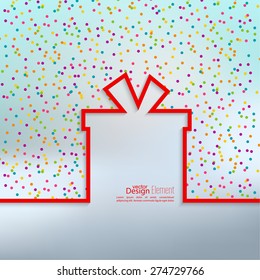 Gift box with flat shadow and multicolored confetti festive. 