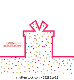 Gift box with flat shadow and multicolored confetti festive. 