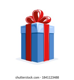 Gift box in flat style isolated on white background. Christmas concept. Design elements for birthday. Cartoon style. Vector illustration