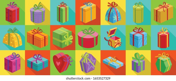 Gift box flat vector illustration on white background .Giftbox with ribbon flat set icon.Isolated icon gift box for birthday.
