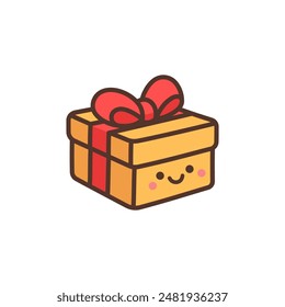 Gift box flat vector illustration. Present decorated with ribbon and red bow isolated on white background. Holiday surprise in brown craft paper. Kawaii cartoon character with cute smile. Happy face