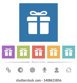 Gift box flat white icons in square backgrounds. 6 bonus icons included.