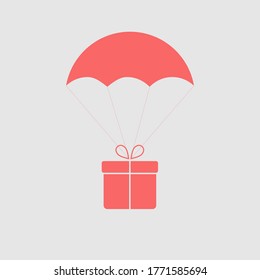 La caja de regalo vuela sobre un paracaídas rojo. ... Ilustración del vector
