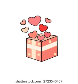 Caja de regalo con corazones flotantes. Linda, simple ilustración. Colores rosa, rojo y crema. Ideal para el Día de San Valentín, el amor o los temas de celebración. Diseño minimalista.