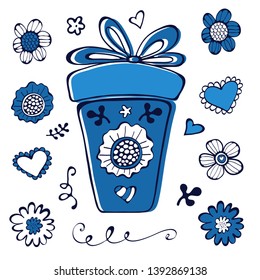 Gift box and Floral design elements collection in blue colors