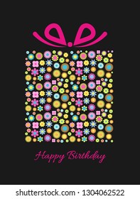 Gift box with floral pattern. Birthday Card. Celebration black background with gift box and small flowers. Vector illustration.