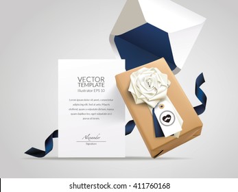 Gift Box with flower folded neck tie, hang tag, envelope and message card.