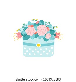 Gift box with flowers. Vector stock illustration in simple cartoon style. Pastel colors. Isolate on white background