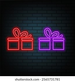 Gift box fly with bright glowing futuristic orange neon lights on black background. Holiday decoration. Festive gift surprise. 3D render illustration.