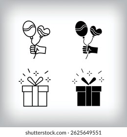 Gift box, flying balloon and fun design. Simple linear and flat event celebration icon set.