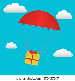Gift box flying down from sky with parachute, delivery vector concept