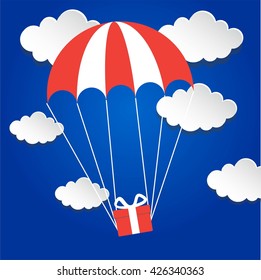 Gift box flying down from sky with parachute. Vector illustration