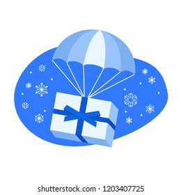 Gift box flying down from snowing sky with parachute. Flat design colorful vector illustration concept for delivery service isolated on white