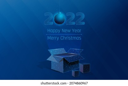 gift box and flying numbers 2022 and New Year's toy, New Year's card, Christmas and New Year's gift, in the style of a frame and a plexus of triangles and dots
