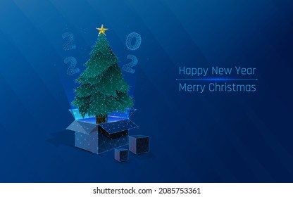 gift box and flying numbers 2022 and new year tree, new year card, Christmas and new year gift, in the style of a frame and a plexus of triangles and dots
