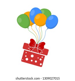Gift box flying on balloons. Vector illustration. Red gift box isolated