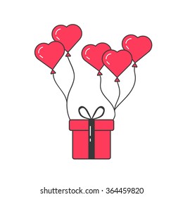 gift box flying on balloons. concept of up to the sky, special offer, bestow, give a gift, pack, event, fun, joy. isolated on white background. flat style trend modern logo design vector illustration