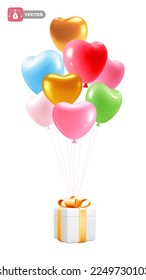 Gift box flying on the heart shape inflatable balloons. Conceptual 3d realistic design of Valentine's day, wedding or other celebration. Vector illustration