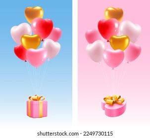 Geschenkbox, die auf dem Herzen aufblasbare Ballons. Konzeptionelles 3d-realistisches Design des Valentinstag, der Hochzeit oder anderer Feierlichkeiten. Vektorgrafik