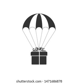 Gift box flying on parachute icon isolated. Delivery service, air shipping concept, bonus concept. Flat design. Vector Illustration