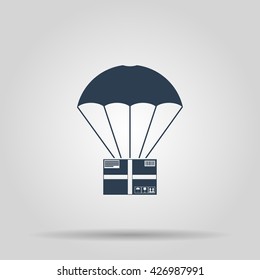 Gift box flying on parachute, delivery service, bonus concept.