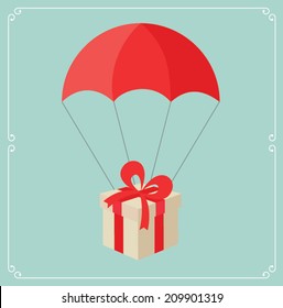 The gift box flying on red parachute. Used linear gradients. Illustration vector