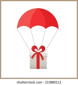 The gift box flying on red parachute. Used linear gradients. Illustration vector