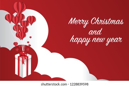 Gift box flying in red background. Origami Christmas concept, vector and illustration digital paper art style