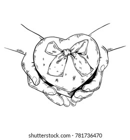 Gift box in form of heart engraving vector illustration. Symbol of love. Scratch board style imitation. Hand drawn image.
