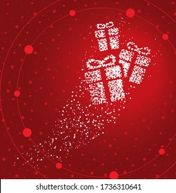 Gift box formed by a magical trail of flying points on red background