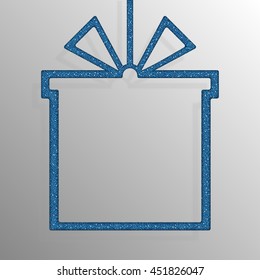 Gift box frame blue sequins, glitters, sparkles, paillettes. Shopping symbol, sale off with shiny sequins. Blue dots glitter texture. Metallic glowing cloth. Bright frame, banner, background. Repeat.