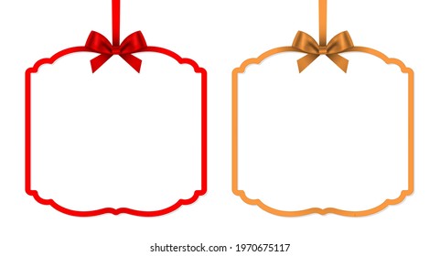 Gift box frame card with red and gold ribbon bow. Ornate decorated template.