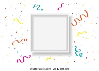 Marco De Caja Blanco Con Confeti Colorido Y Cinta De Streamer Que Cae Sobre Fondo Blanco. Celebración Y Feliz Cumpleaños. Fondo de pantalla de fiesta. Ilustración vectorial. Multicolor