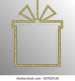 Gift box frame gold sequins, glitters, sparkles, paillettes. Shopping symbol, sale off with shiny sequins. Gold dots glitter texture. Metallic glowing cloth. Bright frame, banner, background. Repeat.