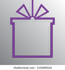 Gift box frame purple sequins, glitters, sparkles, paillettes. Shopping symbol, sale off with shiny sequins. Purple glitter texture. Metallic glowing cloth. Bright frame, banner, background. Repeat.