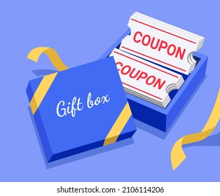 A Gift Box Full Of Benefits And Coupons For The New Year Illustration Set. Present, Event, Ribbon, Free, Discount. Vector Drawing. Hand Drawn Style.