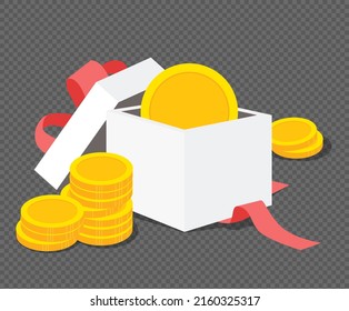 gift box full of coin illustration set. ribbon, shopping, payment, gift, finance. Vector drawing. Hand drawn style.