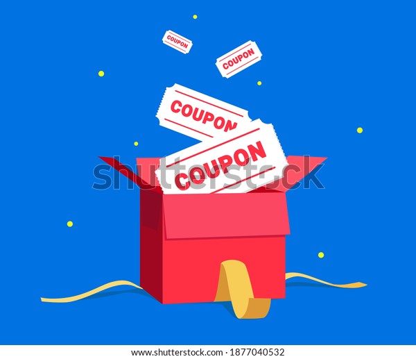a gift\
box full of coupons illustration set. red box, open, ribbon,\
present, gift. Vector drawing. Hand drawn\
style.