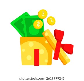 Gift box full of money and gold coins exploding from inside