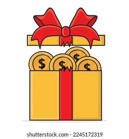 gift box full of money ,present, gift box with ribbons, box, new years gift, birthday present, money in box, chrismast gift icon vector logo cartoon design illustration