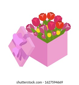 Gift box full of tulips. Pink, yellow, red flowers. Vector illustration